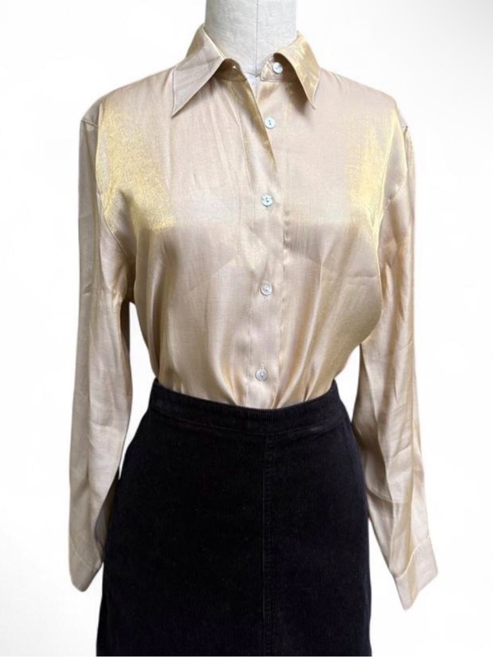 Vintage Silk-Look Champagne gold iridescent Button-Up Blouse pointed collar M